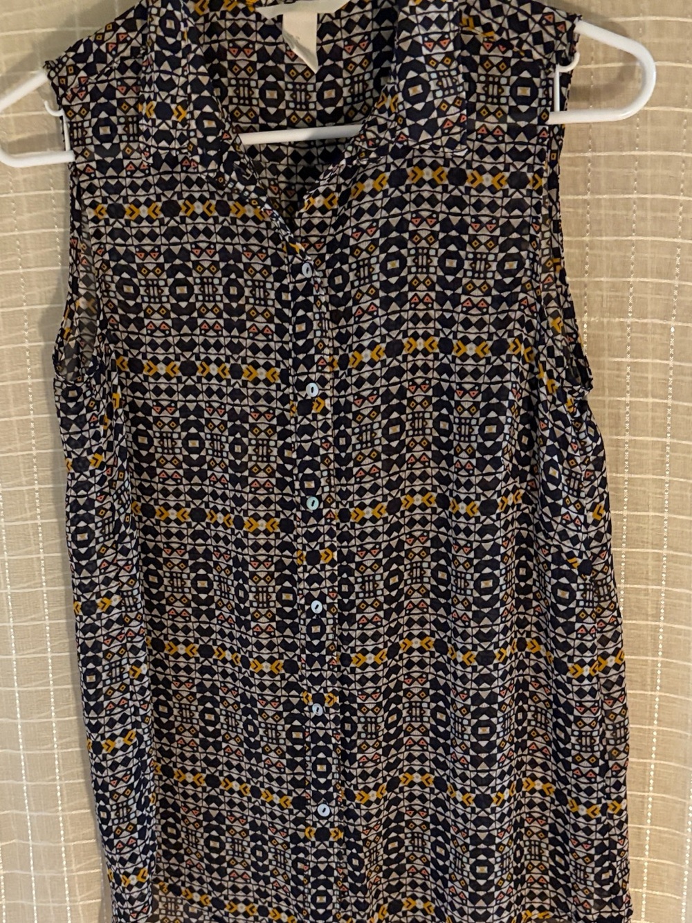 H&M Navy Patterned Sleeveless Button-Down Top with Mustard Accents